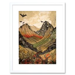 "Artery8 Wall Art Print Mountain Landscape Multicoloured Pattern Linocut Artwork Framed 9X7 Inch in White - Size: W7"" x H9""" - thumbnail 1