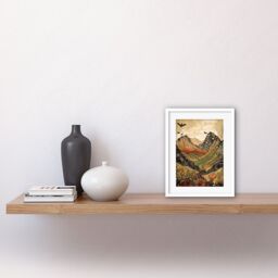 "Artery8 Wall Art Print Mountain Landscape Multicoloured Pattern Linocut Artwork Framed 9X7 Inch in White - Size: W7"" x H9""" - thumbnail 2