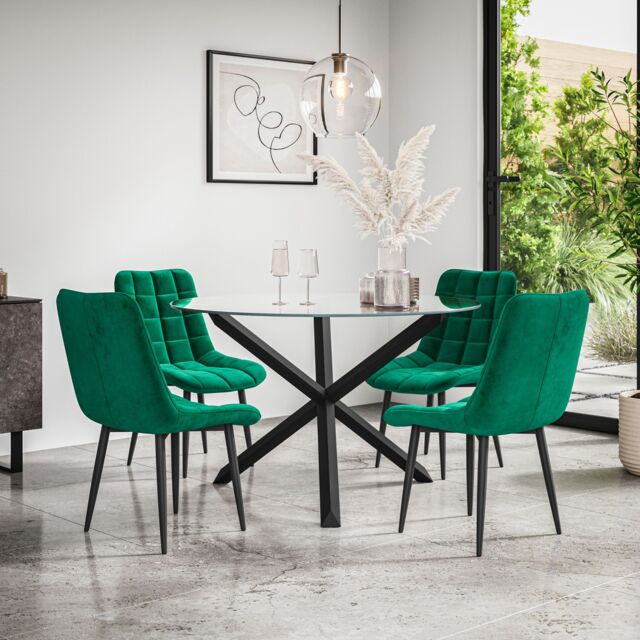 More4Homes Malvern Round Dining Table & Chairs - Clear Glass Table Top w Solid Oak Black Legs + Nova Velvet Dining Chair Set Of 4 in Green - image 1