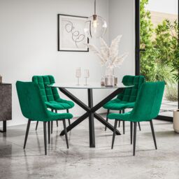More4Homes Malvern Round Dining Table & Chairs - Clear Glass Table Top w Solid Oak Black Legs + Nova Velvet Dining Chair Set Of 4 in Green - thumbnail 1