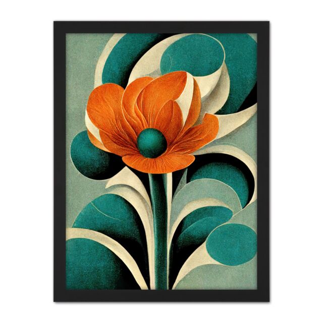 "Artery8 Wall Art Print Art Deco Poppy Flower Teal Orange Cream Large Framed Wall Décor Art in Light Oak - Size: W18"" x H24""" - image 1