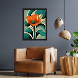 "Artery8 Wall Art Print Art Deco Poppy Flower Teal Orange Cream Large Framed Wall Décor Art in Light Oak - Size: W18"" x H24""" - thumbnail 2