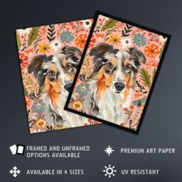 "Artery8 Australian Sheepdog Floral Portrait Watercolour Framed Wall Art - Size: W12"" x H16""" - thumbnail 2
