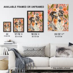 "Artery8 Australian Sheepdog Floral Portrait Watercolour Framed Wall Art - Size: W12"" x H16""" - thumbnail 3