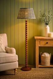 ValueLights Bobbin Floral Printed Pleated Shade Walnut Bobble Floor Lamp with Bulb in Pale Green - thumbnail 3