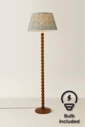 ValueLights Bobbin Floral Printed Pleated Shade Walnut Bobble Floor Lamp with Bulb in Pale Green