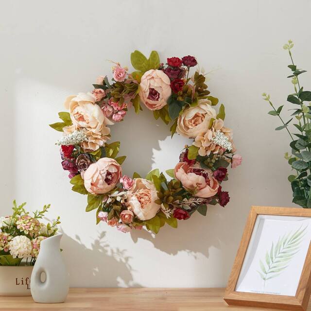 Living and Home 45cm Artificial Peony Mixed Flower Wreath Decoration in Pink