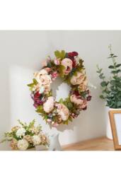 Living and Home 45cm Artificial Peony Mixed Flower Wreath Decoration in Pink - thumbnail 3