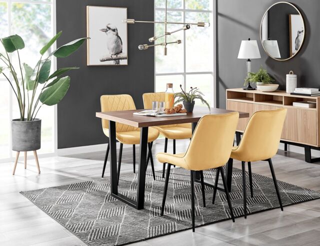 FurnitureboxUK Kylo Brown Wood Effect Dining Table With Black 'U' Legs & 4 Pesaro Velvet Chairs in Mustard - image 1