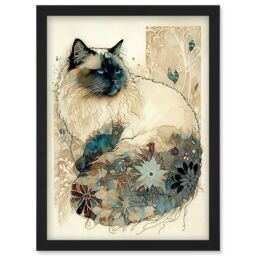 Artery8 Ragdoll Cat with Floral Pattern Tail Modern Watercolour Illustration Artwork Framed Wall Art Print A4 in Black - thumbnail 1