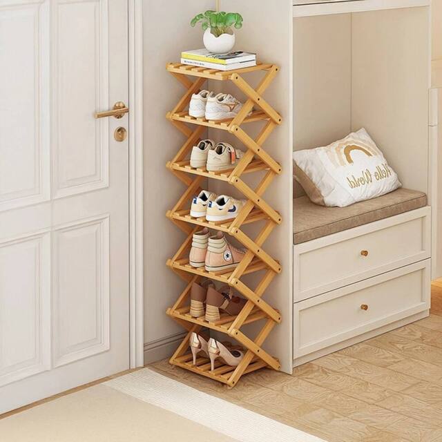 FORGEVIO Folding Shoe Storage Rack 7 Tier Vertical Bamboo Shelf Natural Wood - image 1