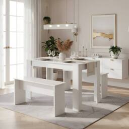 ModernLuxe Dining table set with 2 benches for kitchen & dining room in White - thumbnail 2