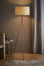 ValueLights Camden Copper Metal Tripod Floor Lamp with Cream Drum Lamp Shade in Beige