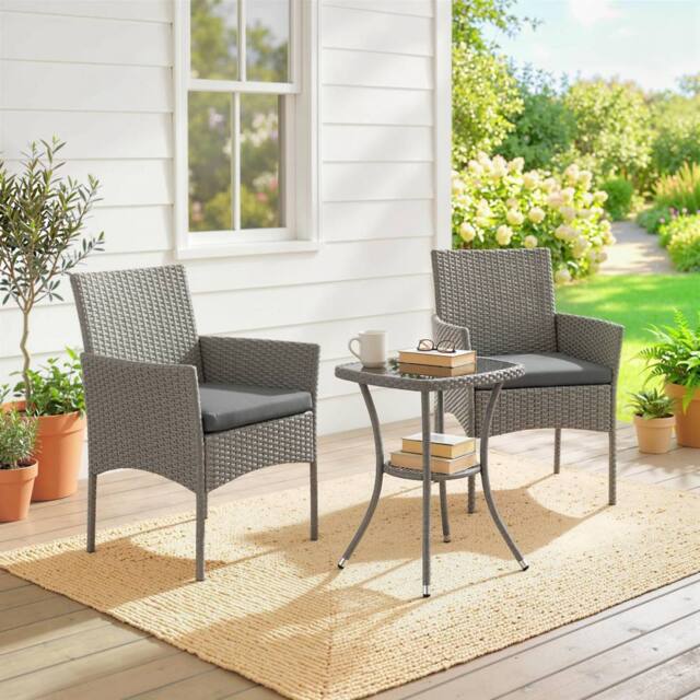 OUTSUNNY 3 Piece Rattan Bistro Set with 2 Tier Glass-Top Table, Chairs in Dark Grey - image 1