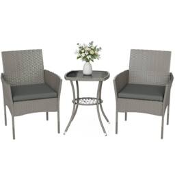 OUTSUNNY 3 Piece Rattan Bistro Set with 2 Tier Glass-Top Table, Chairs in Dark Grey - thumbnail 2