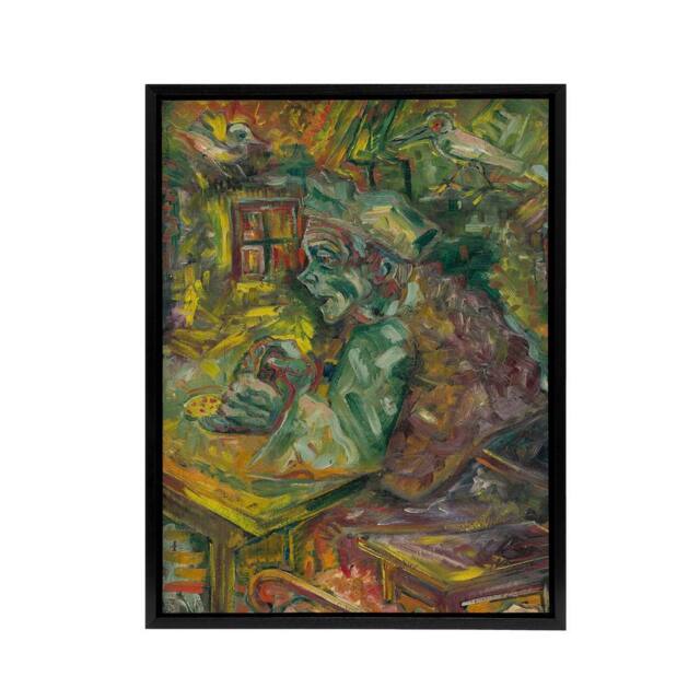 "Artery8 At the Table Bold Colourful Kubincan Black Framed Canvas Art Print in Green - Size: W12"" x H16""" - image 1