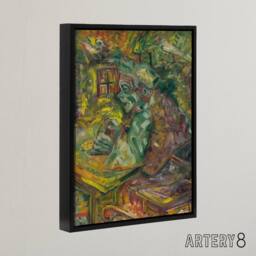 "Artery8 At the Table Bold Colourful Kubincan Black Framed Canvas Art Print in Green - Size: W12"" x H16""" - thumbnail 2