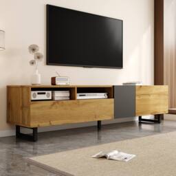BTM Colorblock TV Cabinet, Retro Wood Grain & U-Shaped Legs in Natural - thumbnail 2