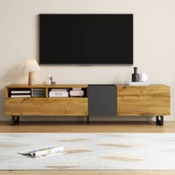 BTM Colorblock TV Cabinet, Retro Wood Grain & U-Shaped Legs in Natural - thumbnail 3