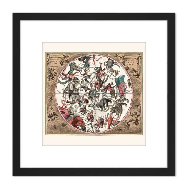 Artery8 Map Keller 1708 Star Constellations Space Pictorial 8X8 Inch Square Wooden Framed Wall Art Print Picture with Mount in Black - image 1