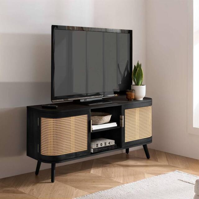Birlea Rattan TV Entertainment Unit Curved Small Cabinet Sark in Black - image 1