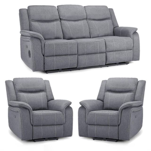 Furnishings For Less UK Orlando Grey Fabric Electric Reclining Sofa Set 3+1+1 USB - image 1