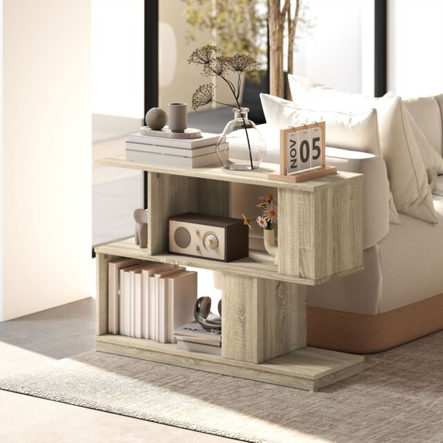 HOMCOM Modern Narrow End Table, S-Shaped Nightstand, Natural Wood Finish in Light Brown - image 1