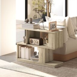 HOMCOM Modern Narrow End Table, S-Shaped Nightstand, Natural Wood Finish in Light Brown - thumbnail 1