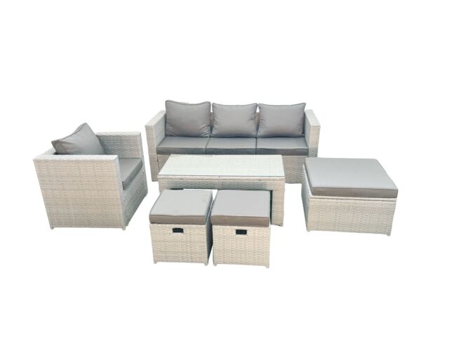 Fimous Rattan Garden Furniture Set 6 Pieces Outdoor Garden Sofa Oblong Coffee Table Set with Chair 3 Footstools Light Grey Mixed - image 1