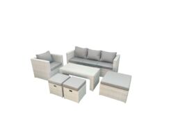 Fimous Rattan Garden Furniture Set 6 Pieces Outdoor Garden Sofa Oblong Coffee Table Set with Chair 3 Footstools Light Grey Mixed - thumbnail 2
