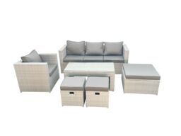 Fimous Rattan Garden Furniture Set 6 Pieces Outdoor Garden Sofa Oblong Coffee Table Set with Chair 3 Footstools Light Grey Mixed - thumbnail 1