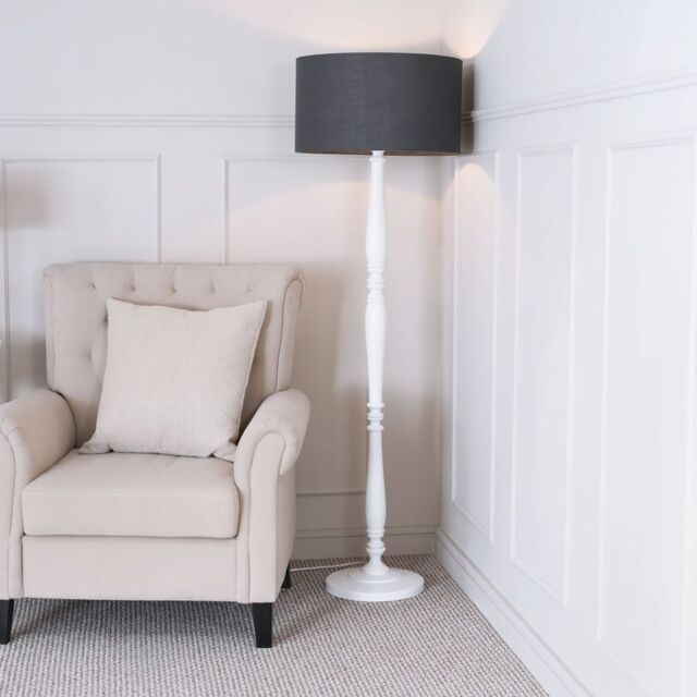 ValueLights Victoria White Wood Traditional Stem Floor Lamp with Fabric Drum Shade in Charcoal - image 1