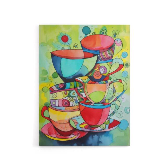 "Artery8 Abstract Tea Cups Folk Art Kitchen Canvas Wall Art Print - Size: W24"" x H32""" - image 1