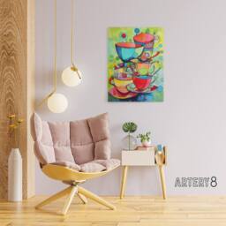 "Artery8 Abstract Tea Cups Folk Art Kitchen Canvas Wall Art Print - Size: W24"" x H32""" - thumbnail 3