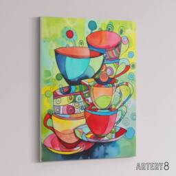 "Artery8 Abstract Tea Cups Folk Art Kitchen Canvas Wall Art Print - Size: W24"" x H32""" - thumbnail 2