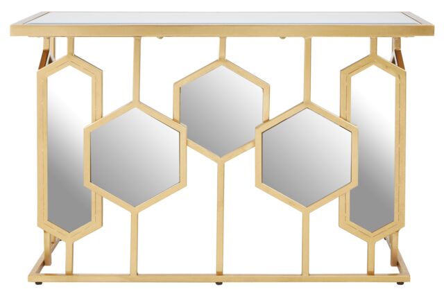 Orsina Geometric Console Table For Sitting Area, Modern Design Decorative Table, Table With Hexagonal Mirror Base in Gold - image 1
