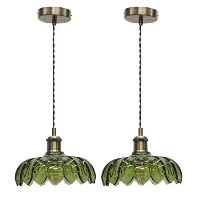 First Choice Lighting Set of 2 Alice - Green Leaf Pendant Shades with Antique Brass Flex Set - image 1