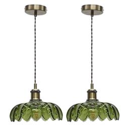 First Choice Lighting Set of 2 Alice - Green Leaf Pendant Shades with Antique Brass Flex Set