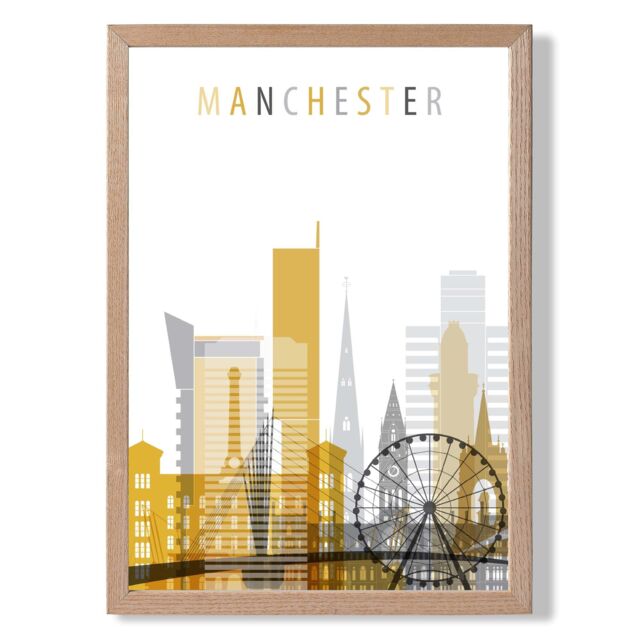 ARTZE Manchester Yellow & Grey City Skyline Framed Print SIZE: A2 with Oak Frame - Size: A4 - image 1
