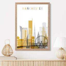 ARTZE Manchester Yellow & Grey City Skyline Framed Print SIZE: A2 with Oak Frame - Size: A4 - thumbnail 2