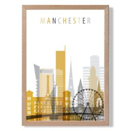 ARTZE Manchester Yellow & Grey City Skyline Framed Print SIZE: A2 with Oak Frame - Size: A4