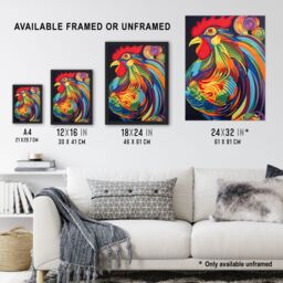 Artery8 Wall Art Print Cockerel Rooster Chicken Hen Neon Colour Feathers Graphic Artwork Vibrant Bold Bright Colourful Painting Art Framed - Size: A4 - thumbnail 3