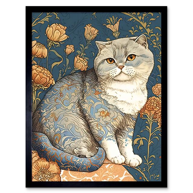 "Artery8 Wall Art Print Cute Cat with Floral Pattern Fur & Autumn Flower Blooms Art Nouveau Modern Art Framed in Black - Size: W12"" x H16""" - image 1