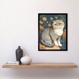 "Artery8 Wall Art Print Cute Cat with Floral Pattern Fur & Autumn Flower Blooms Art Nouveau Modern Art Framed in Black - Size: W12"" x H16""" - thumbnail 2