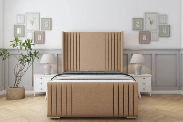 "Sloomy Camden Dumfries Frame-Mattress-50"" Upholstered Wingback Headboard in Light Brown - Size: Double" - image 1