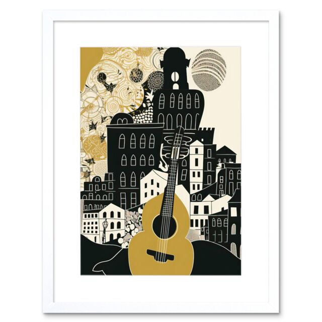 "Artery8 Wall Art Print Edinburgh Cityscape Fringe Festival Guitar Linocut Artwork Framed 9X7 Inch in White - Size: W7"" x H9""" - image 1