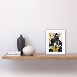 "Artery8 Wall Art Print Edinburgh Cityscape Fringe Festival Guitar Linocut Artwork Framed 9X7 Inch in White - Size: W7"" x H9""" - thumbnail 2