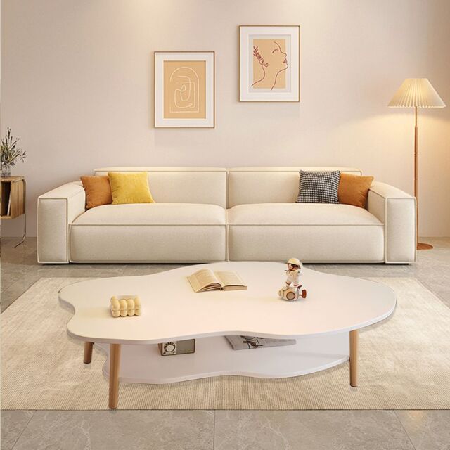 Hinsinc Coffee Table Cloud Tea Table Modern Living Room Desk W/ Storage Shelf in White - image 1