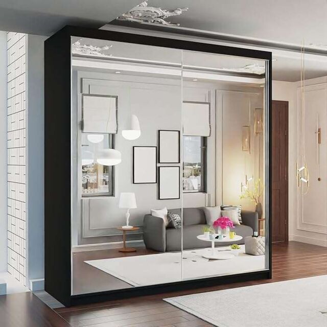 MN Furniture Quru Sliding Wardrobe with Full Mirror, LED Light - 200x217cm in Black - Size: 200x217 cm - image 1