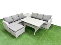 Fimous Outdoor Garden Furniture Sets 7 Seater Wicker Rattan Furniture Sofa Sets w/ Rectangular Dining Table high Back Lounge Sofa Big Footstool Side - thumbnail 1